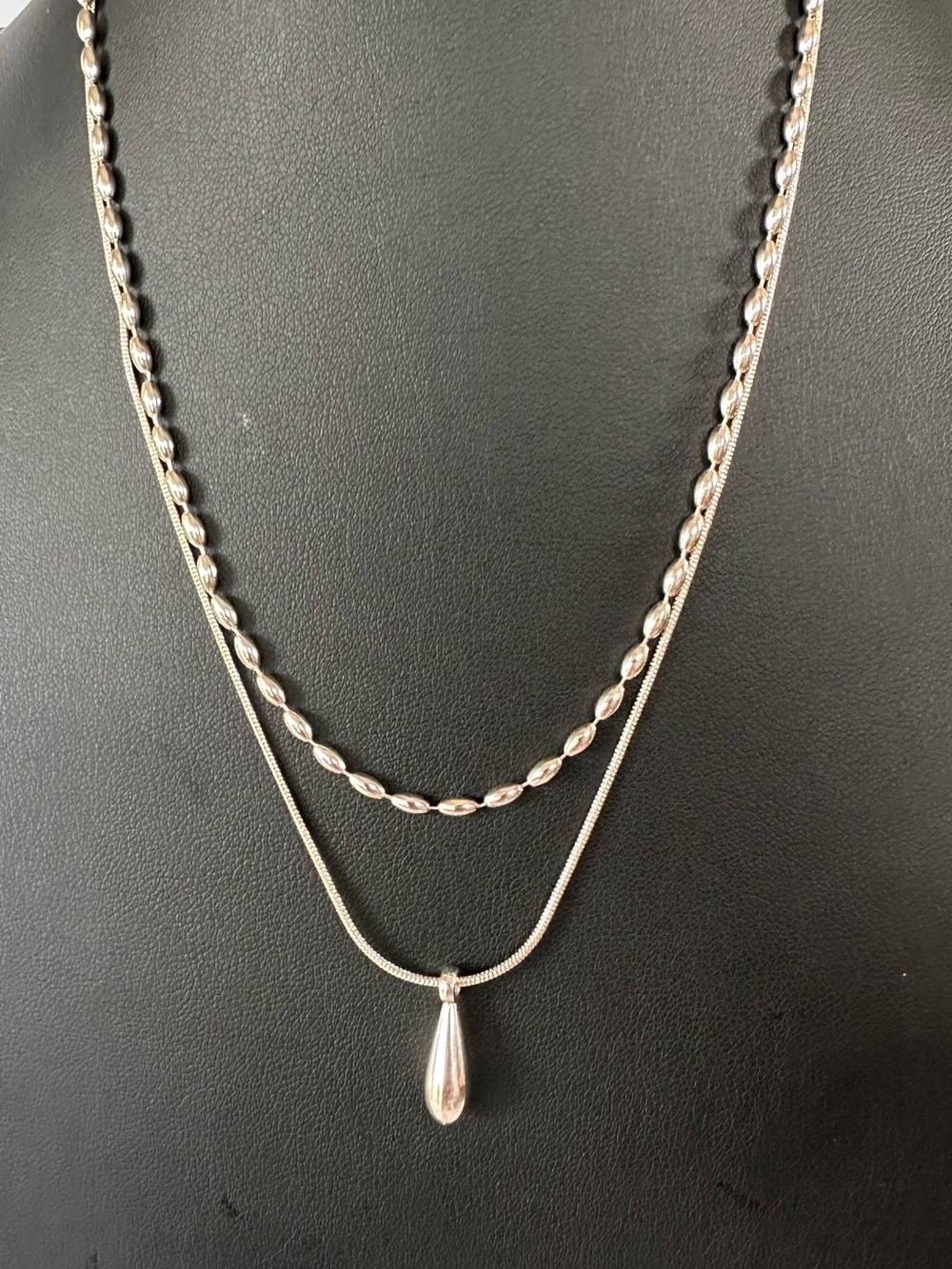 Silver Layered Necklace Teardrop Pendant Double Strand